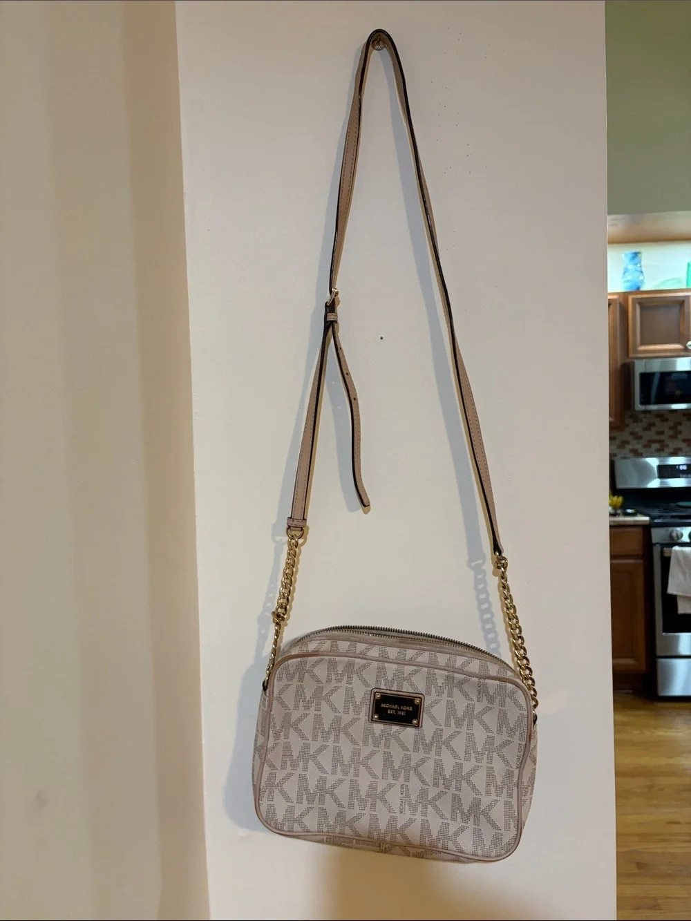 Michael Kors Beige Signature MK Monogram Crossbody Bag